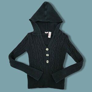 Y2K Miss Me Black Hooded Sweater Size S Cable Knit Fairy Goth Grunge